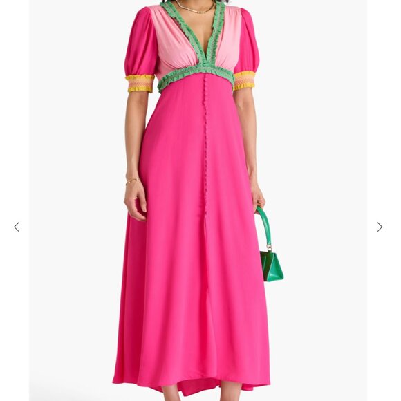 SALONI Lea Color-block Ruffled Smocked Crepe Maxi Dress Pink Green - Picture 1 of 12